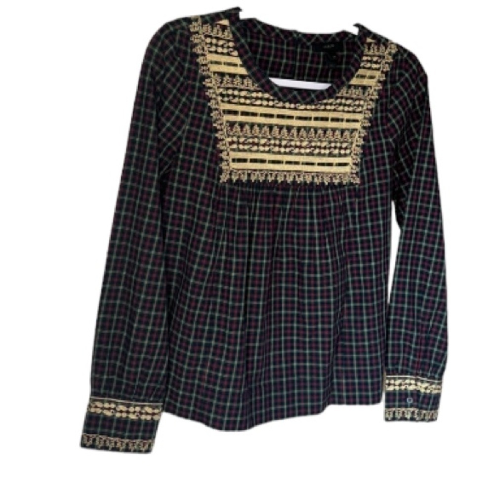 J.Crew Women's Plaid Gold Embroidered Peasant Woven Top XS NEW H3478 Holiday - Picture 1 of 9